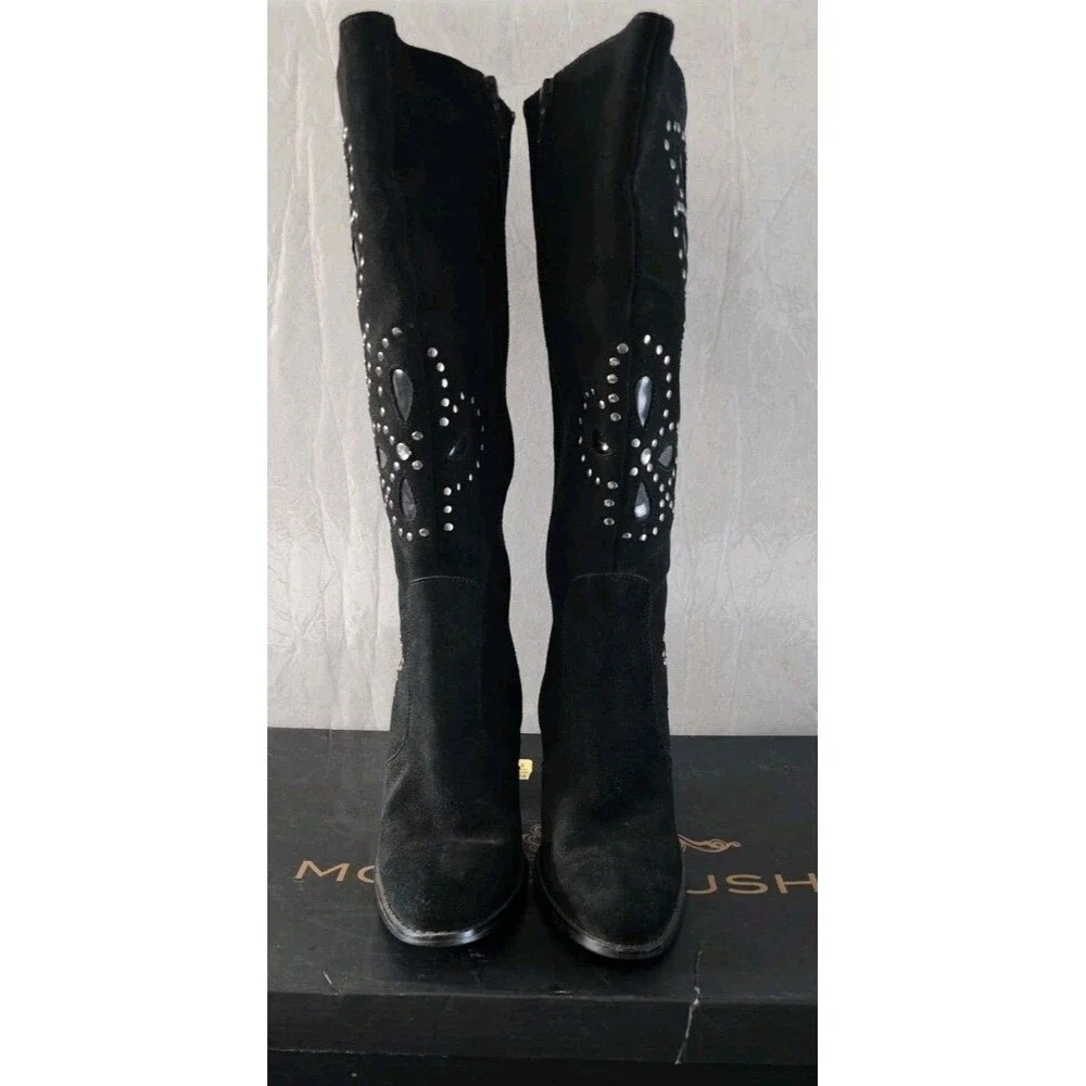 Colin Stuart Studded Black Suede Knee High Boots, women's size 8M